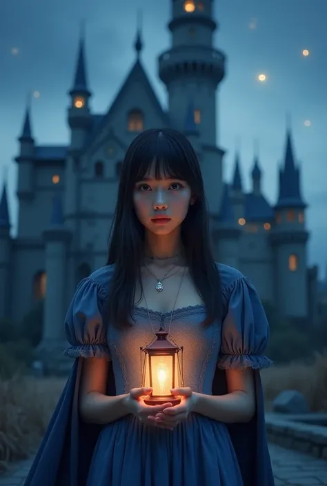 a girl standing alone in front of a castle at night, looking to the viewer,beautiful detailed eyes, beautiful detailed lips, extremely detailed eyes and face, straight hair down,long eyelashes,blue puffy short sleeves, cape,lantern, night sky, castle, 1gir...