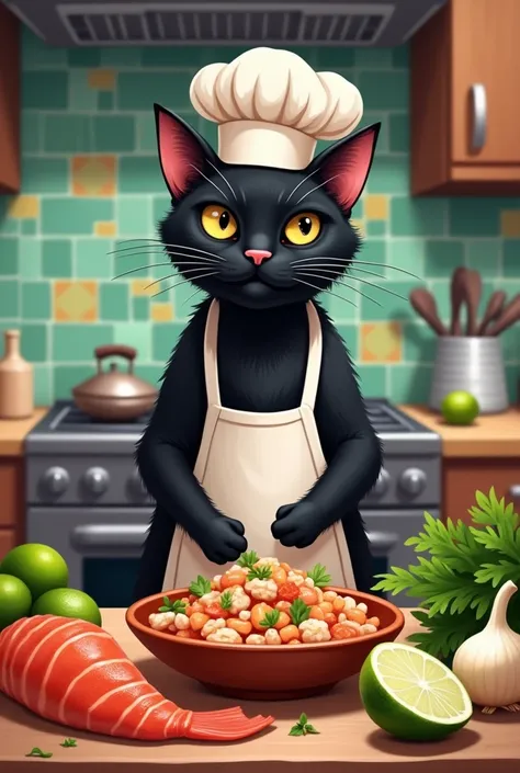 Black cat preparing ceviche