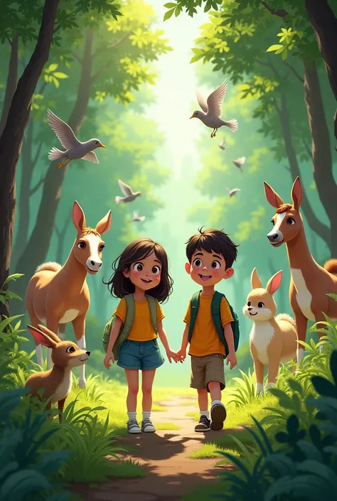 
Clara and Raúl were two friends and classmates. One day his entire class went on a field trip to the forest.. There they saw many animals (horses, rabbits, little birds, deer, ducks…)