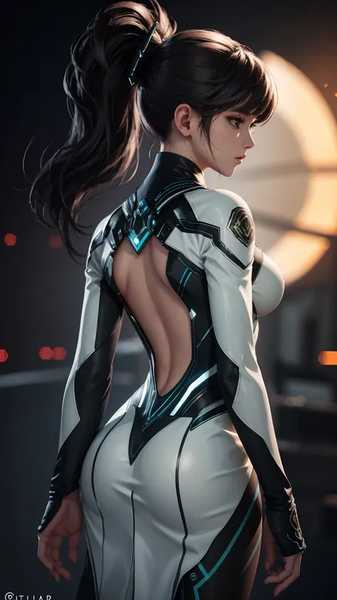 back view, highly detailed, deep focused image, realistic full-lenght photo, suit eve stellar blade