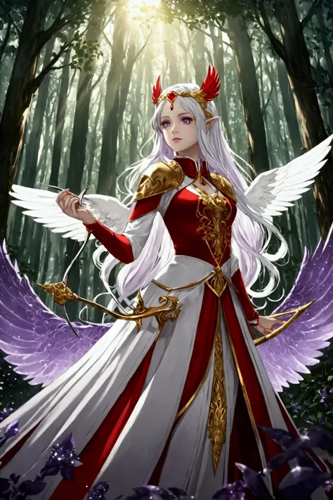 Girl with bird ears scissors of gold and red color, on the back the king&#39;s archer&#39;s clothes, bow and arrow with mythical details, with red and white wings,  black and white hair. Intense shine. forest scene. Amethyst sparkles 