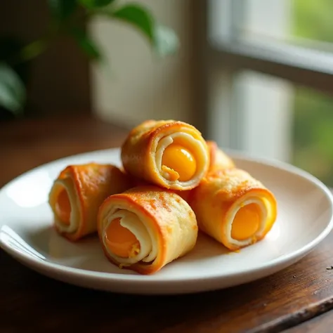 Realistic picture of salted egg stuffed spring rolls Spring rolls are round, golden yellow. There is a salted egg in the center of the sweet and fragrant hatch filling. Spring rolls are laid out on a white plate. It has a wooden table in the background and...