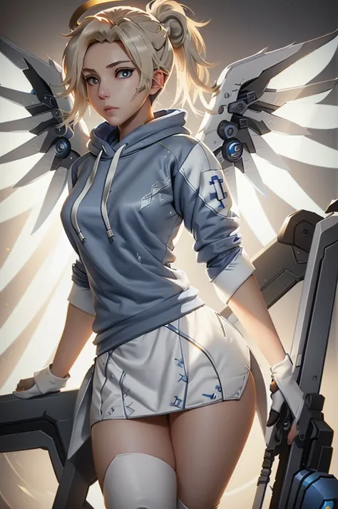 mercy (/overwatch/), pony tail hair, (((blue-white sweatshirt))), mercy wings behind back, glowing eyes,