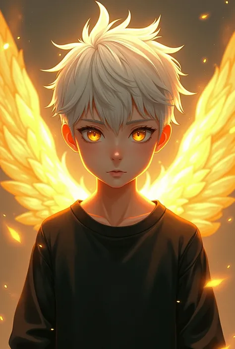 A serious  boy with light yellow eyes with a black sweatshirt with a golden aura around his body with angel wings and white hair with aura in his hair