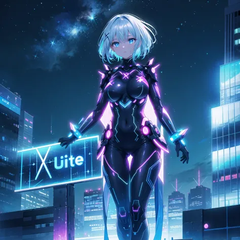 ((8k, Highest Quality, Masterpiece: 1.3)), Ultra High Resolution, (One Girl, Solo), (Color Changing Eyes, Super Detailed, Expressive Shine, Sparkling, Glowing Eyes), Highly Detailed Eyes, A woman standing in the center of a futuristic city shows her strong...