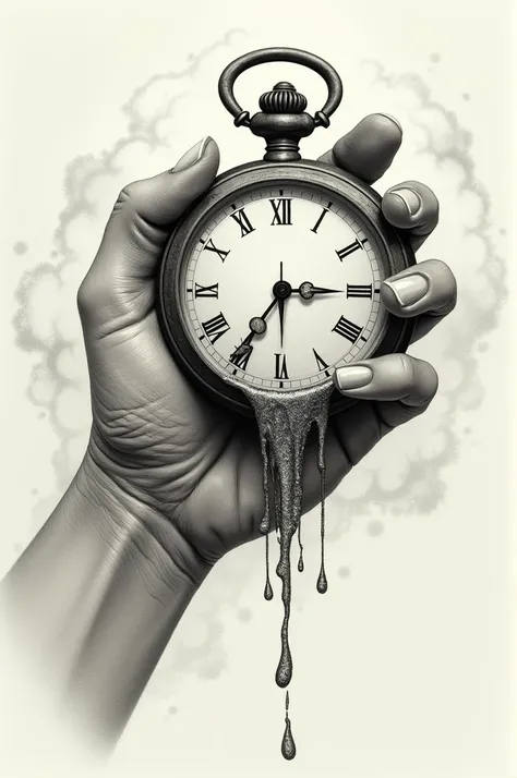 Sketch a human hand holding an old-fashioned clock or a pocket watch, but instead of the clock being solid, the numbers and parts of the clock face are melting and dripping away like wax or liquid. The hand could be realistic and detailed, with the fingers...