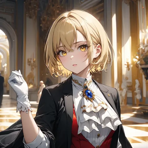 1girl, blonde hair, short hair, yellow eyes, white ascot, brooch, white gloves, red vest, black jacket, gray pants, white shirt, 黒いブーツ,Break masterpiece inside the palace、hasselblad, 16K, highres, super details, uhd, masterpiece、Beautiful attention to deta...