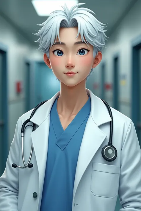 Young man(Japan)Age 18,White hair,cute,doctor,physician,fit,smile,Full body,HDR,UHD,Maximum resolution, High resolution model, Best quality, Anatomically correct, Realism, Daily life photos, Fuji color, 