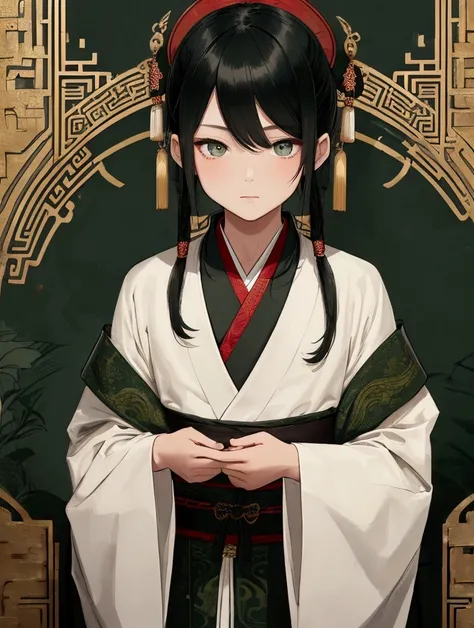 Six year old boy, long black hair tied up, Dark green eyes and elegant ancient Chinese robes 