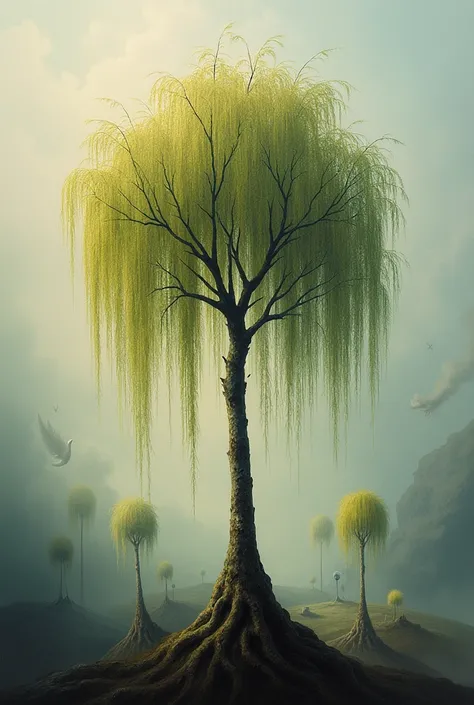 A surrealistic painting of a willow tree