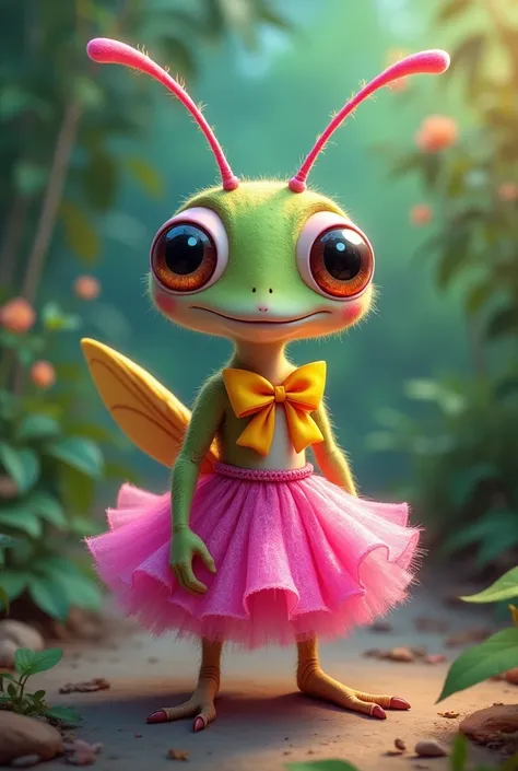 a cricket with a pink skirt and neon bow 