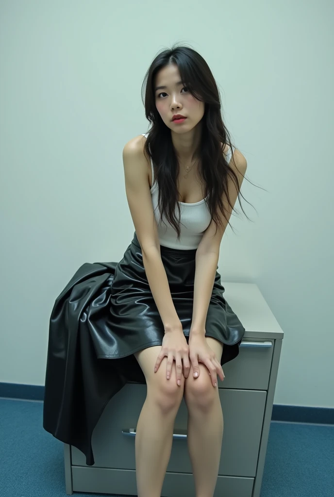 A beautiful lady, asian, Japanese,
Long hair, 
Medium height,
Sitting on a light grey short cabinetin front of white wall in an office with light blue carpet,
Wearing a white camisole,
Wearing a shiny black leather big a-line full circle long skirt ankle l...