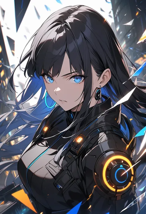 beautiful, Alone, 1 female, mature, Long hair, black hair with bangs, Blue eyes, Cyberpunk Black Uniform, serious face, Future-oriented, blowing in the wind, glass shards, dices, earring, Dynamic, Dreamy, Point the gun forward