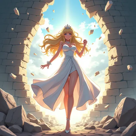 A beautiful anime girl punches a giant castle wall and breaks it,princess,dress,Tiara,Blonde,白いdress,Large Breasts,Long legs,strong,aura,Superpowers