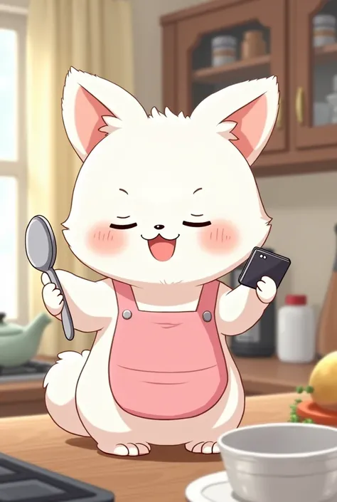 Line Stamp Specification、anime、A cute fluffy white ermine character wearing a pink apron、In the kitchen、He is holding a ladle in one hand and talking on a smartphone to his ear with the other.、Asking when I&#39;ll be back、The background is the kitchen