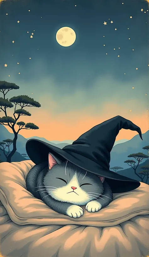 , japanese minimal, on blue orange  moonlight stars background , Black ink lines with soft watercolor accents. Border trim around 30px, (high resolution) , no noise pixel ,((masterpiece)), parody design gray sleepy eyes cat,take off witch hat, sleep on bed...