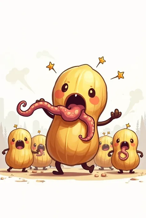 a very cute peanut leading an army of peanuts in battle
shes hungry, eating meat and octopus tentacles coming out of her mouth, white background