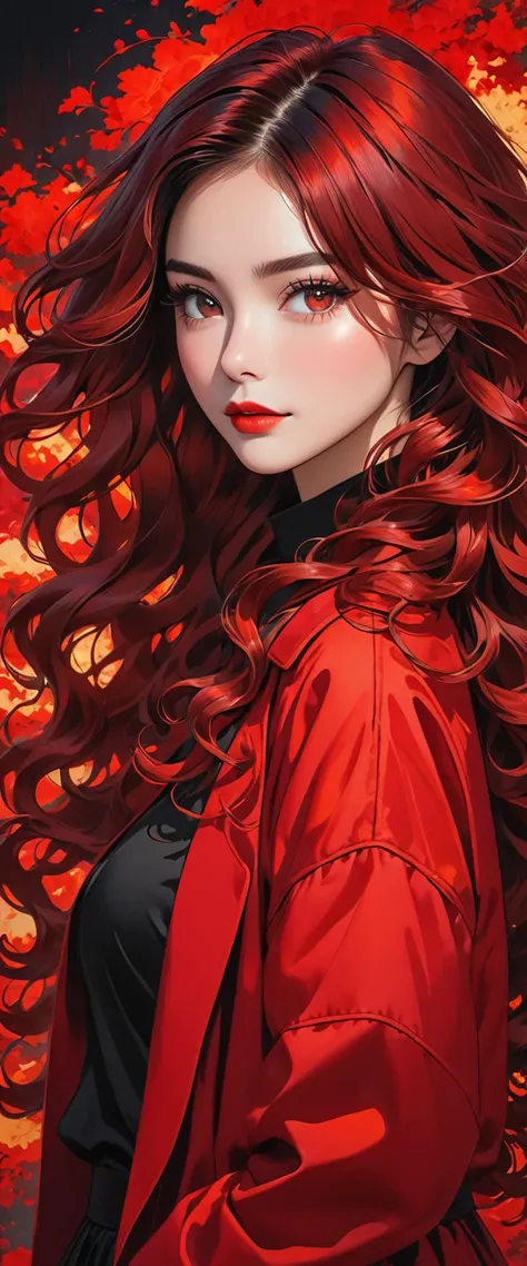 The image depicts a person with long, wavy hair that has dark roots and red-tinted ends. They are wearing a red and black outfit, with a black top and a red jacket. The light in the image seems to highlight the red tones in the hair and outfit, creating a ...