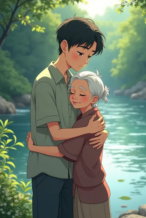 A young man hugging an old woman with white hair and a river in the background, He is taller than her anime version
