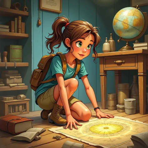 Illustration: Zara is kneeling in the attic, with the glowing map spread out on the floor in front of her. Surrounding her are old, mysterious objects—a globe, books with worn-out covers, and family relics.

Appearance: Zara has brown, curly hair tied in a...