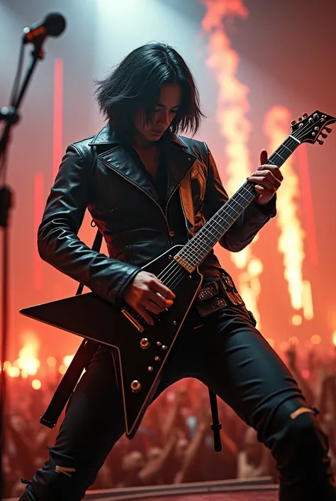 Asian rock star in assassin outfit playing a fierce electric guitar solo, gripping a microphone stand in the center of a chaotic rock concert.