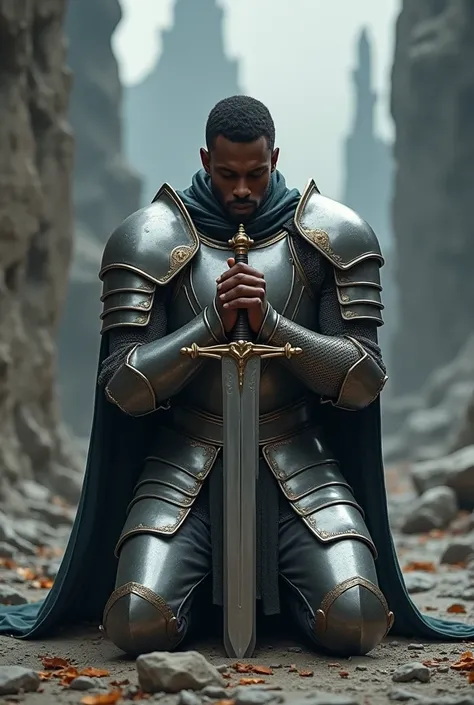 light skinned black male with tattoos on both arms knight in armor holding a sword while kneeling in prayer