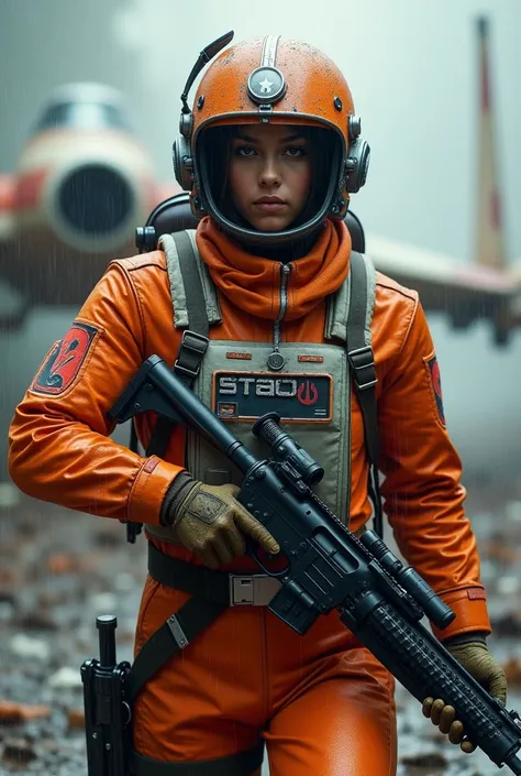 Star wars rebel pilot, orange flight suit, flight helmet, blaster in hand, crashed Xwing fighter in background, rainy weather