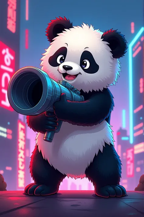 Create an anime image of a panda with a cannon in the background, and in the centralized written environment "R•O•P OPS