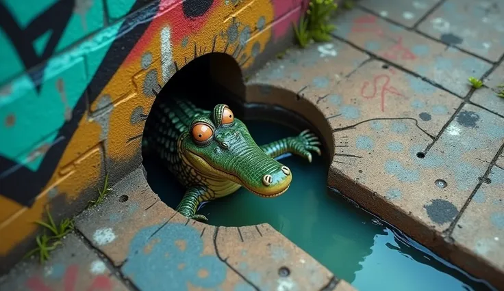 Bird&#39;s eye view,Graffiti on the street wall,There is a waterway on the wall that is 1 meter above the ground.,A crocodile crawled out of the manhole,Stretch out most of your body and look to the left,And the crocodile looks very cute,The cheeks are flu...