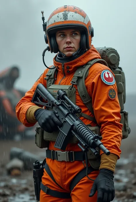 Star wars rebel pilot, orange flight suit, flight helmet, blaster in hand, crashed Xwing fighter in background, rainy weather