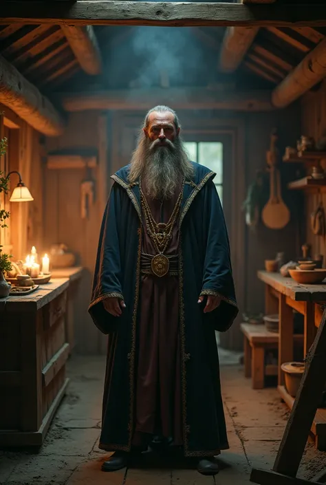 a handsome man, looking at the camera, happy look, muscular, long beard, wearing a white robe like a magician, in an old wooden cabin, a concoction with natural herbs being prepared, cinematic lighting, dramatic shadows, warm color tones, highly detailed, ...