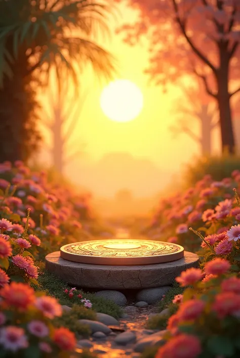 Floral background with round base on the ground with epic golden sunset light