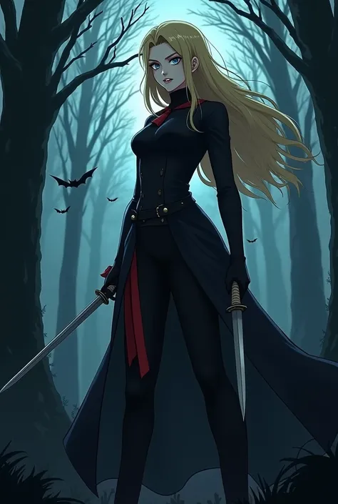 a half vampire rogue woman with two short swords, blonde hair, face inspired by Saber from Fate anime, in a night forest background with bats