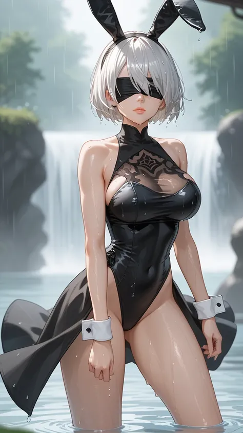 score_9, score_8_up, score_7_up, 1girl, solo, full body, breasts, long hair, bare shoulders, large breasts, closed mouth, bunny ears, upper body, white hair, bobcut, bang between eyes, sleeveless, blurry, (black bunny suit elaborately decorated with lace k...