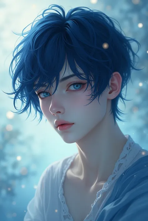 A beautiful man, who looks feminine with dark blue hair