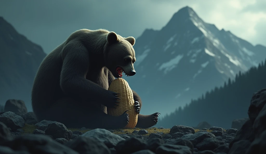 3d、Ultra HD、Side view、There is a shadow、Mountain background、Photorealistic、Horror、scared、Creepy、dark、No people、The bear sits upright with its mouth wide open、The bear is holding a 1-meter peanut and trying to eat it.