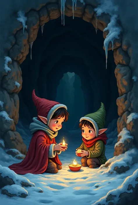 Clara and Raúl believed that he was a bad elf, But he told them not to be afraid.; and as the children were very cold, The elf took them to his cave, which was very dark and deep, and there they warmed themselves and ate..
