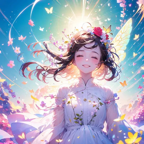 (masterpiece、Best Quality、Best Quality、Beautiful and beautiful:1.2)、(Perfect Anatomy:1.2)、Milky white straight hair girl、Butterfly Fairy、Floral Costume、A radiant smile、Look up at the sky、pray。、Flowers and leaves on head、Roses are blooming、Rose Garden,One g...