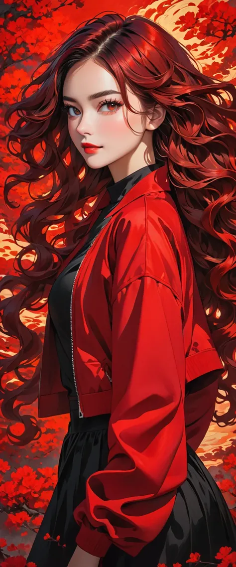 The image depicts a person with long, wavy hair that has dark roots and red-tinted ends. They are wearing a red and black outfit, with a black top and a red jacket. The light in the image seems to highlight the red tones in the hair and outfit, creating a ...