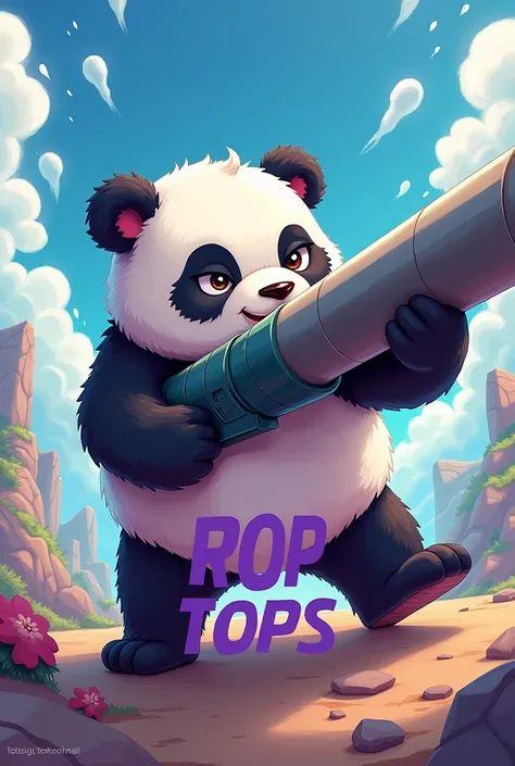 Create an anime image of a panda with a cannon in the background and in the middle centered written ROP OPS with letters in purple and black colors