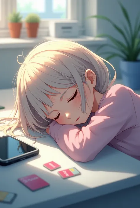 little anime girl, asleep the desk, there is 2 iphones and a few t mobile sim cards on the desk