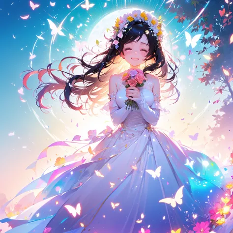 (masterpiece、Best Quality、Best Quality、Beautiful and beautiful:1.2)、(Perfect Anatomy:1.2)、Milky white straight hair girl、Butterfly Fairy、Floral Costume、A radiant smile、Look up at the sky and close your eyes、pray。、Flowers and leaves on head、Holding a bouque...