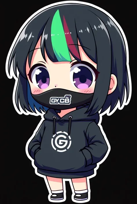 2D CUTE ANIME STYLE STICKER CUTE CHIBI GIRL black hair with green red and blue stripes , violet eyes graphic card LOGO on a black mask covering the entire mouth with a black hoodie covering from the waist up with graphics card sticker logo on it , full bod...