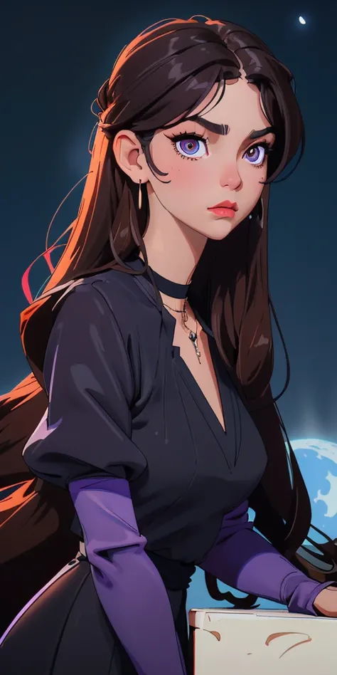 (work of art, best quality), a black oil one, brown hair with some blue highlights, black eyes. With a lilac dress and a moon necklace around her neck.