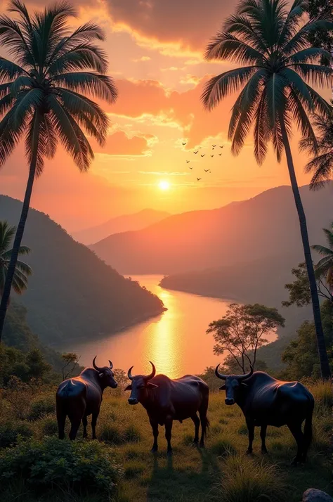 Photo of a hillstation of a river side  with lot of Buffalo and some tall tree of coconut, also some birds in sky in clouds,  sunset moment 