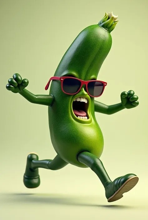 a crazy zucchini running desperately with sunglasses