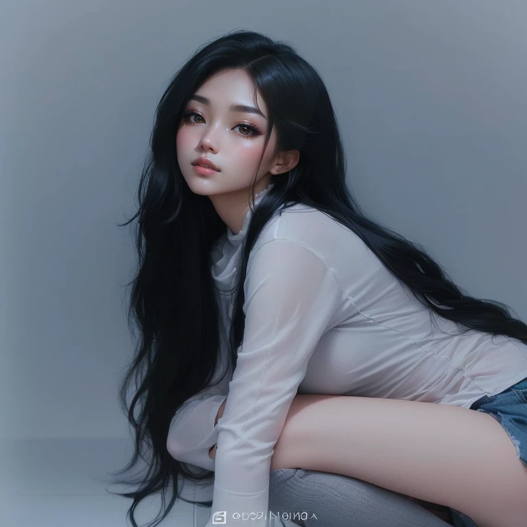 a close up of a woman with long black hair sitting on a floor, jaeyeon nam, korean girl, beautiful south korean woman, jinyoung shin, ulzzang, asian girl with long hair, heonhwa choe, beautiful young korean woman, portrait of female korean idol, with long ...