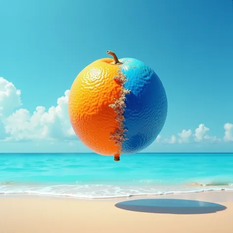 Orange fruit with half color is blue,still on sky,blue sea,summer beach