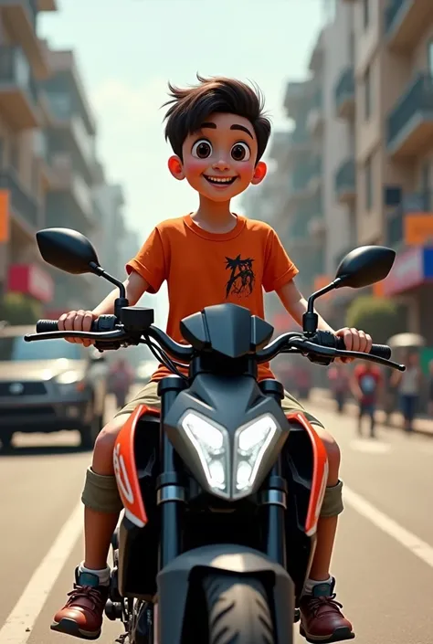 An boy named arya inbhis tshirt and sitting upon a ktm bike 