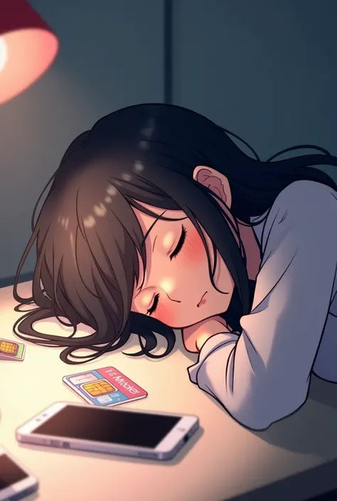 little anime girl with black hair, asleep the desk, there is 2 iphones and a few t mobile sim cards on the desk